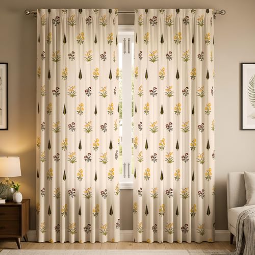 Image of Urban Space 100% Cotton Window Curtains 5 Feet (Set of 2) | 60-65% Room Darkening Window Curtains | Hanging Styles - Rod Pocket, Back Loop & Track Channel | Tieback Included (High Garden Yellow RD)
