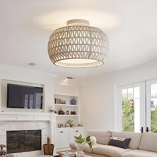 Rattan Ceiling Light Fixtures, Hand-woven Boho Flush Mount Ceiling Light, Handmade Rattan Light Fixtures Ceiling Mount with Fabric Shade, Farmhouse Light Fixture for Bedroom Hallway Entryway (White)