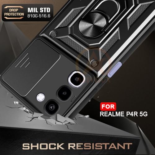 Image of Armor Bumper Back Cover Case for Realme P4R 5G Rotating Camera Cover, Ring Holder & Kickstand | Heavy Duty & 360 Degree Protection Realme P4R 5G Back Cover (Black)