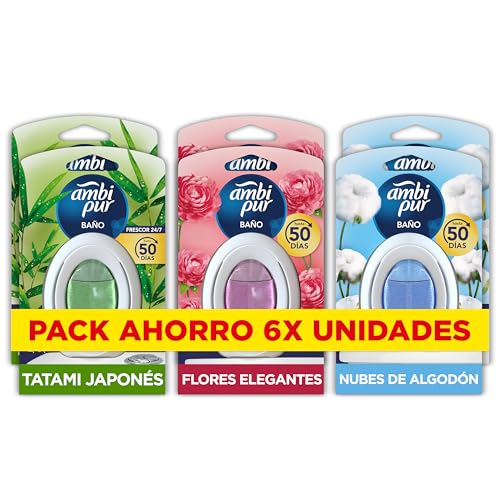 Ambipur Ambientador Casa para Baño (6 x 45 dias) Fragancia de Flores Elegantes, Hierba Fresca y Nubes de Algodon, Mega Pack