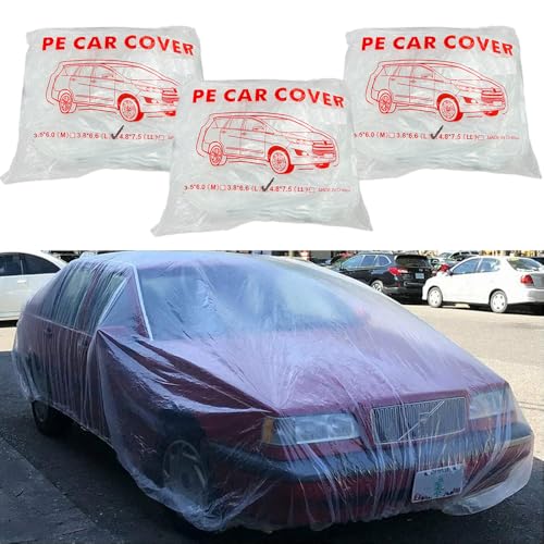 Image of LuliKa 3 Packs Disposable Car Cover Clear Plastic Car Cover Universal Rain Dust Garage Cover with Elastic Band Medium (12.4 FT x 21.6 FT)