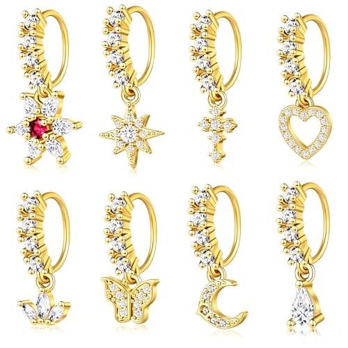 6ixGosh Dangle Nose Rings Hoop for Surgical Steel Women Septum Nose Piercing Jewelry Cartilage Earring CZ Flower Leaf Star Butterfly Daith Tragus Helix Lip Piercing Silver Gold Rose Gold 1