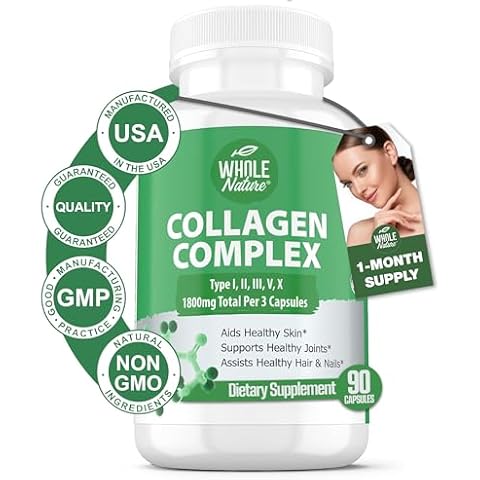 Multi Collagen Protein Peptides Supplement Capsules - 1800mg Collagen Complex Types I, II, III, V, X - Joint Support, Healthy Hair, Skin, Nails, Beauty Vitamins, 100% Natural, Non-GMO 90ct (1) Cover