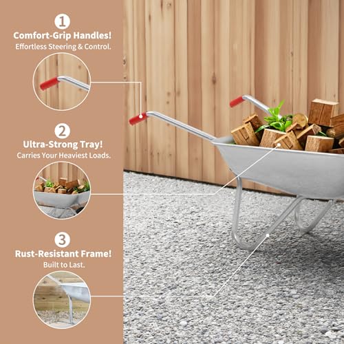 Requisite Needs 65L Cart Garden Wheelbarrow, Galvanised, Silver, Pneumatic Tyre 100KG Capacity - 5