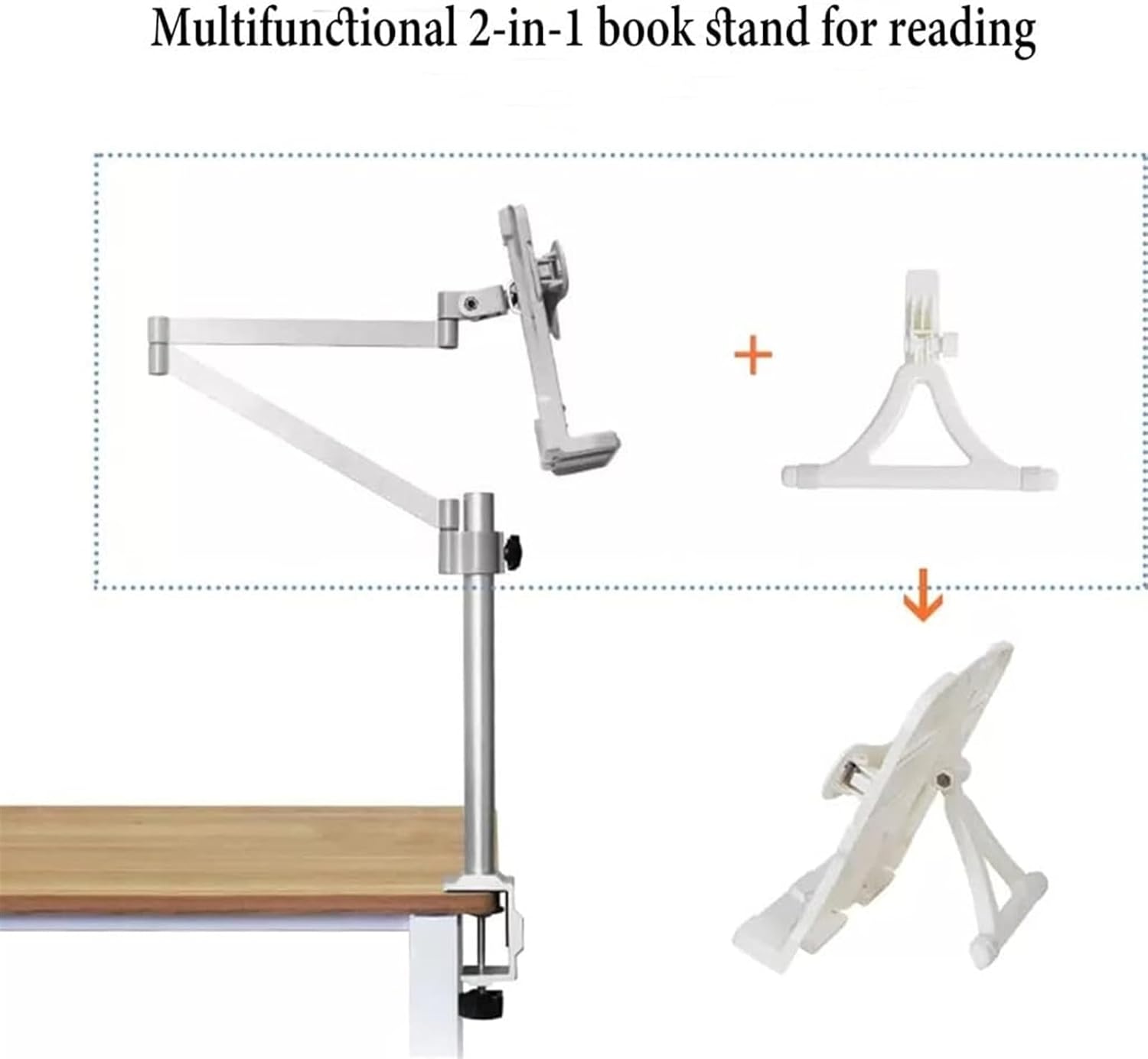 Book Stands Height Adjustable, Book Stand with Clamp, Desktop Cookbook Rest with Page Clips for Reading, Aluminum Laptop Stand for Desk, Table Side Design (White) (White)