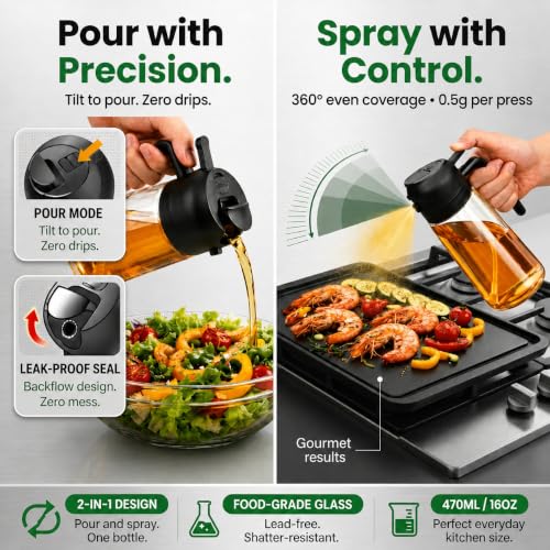 Image of Glass Oil Dispenser Bottle for Kitchen - 2 in 1 Pour & Spray Sprayer with Measuring Marking, Leakproof Container, 500ml /0.5 Liter Cooking Oil Storage Jar, Pack of 1