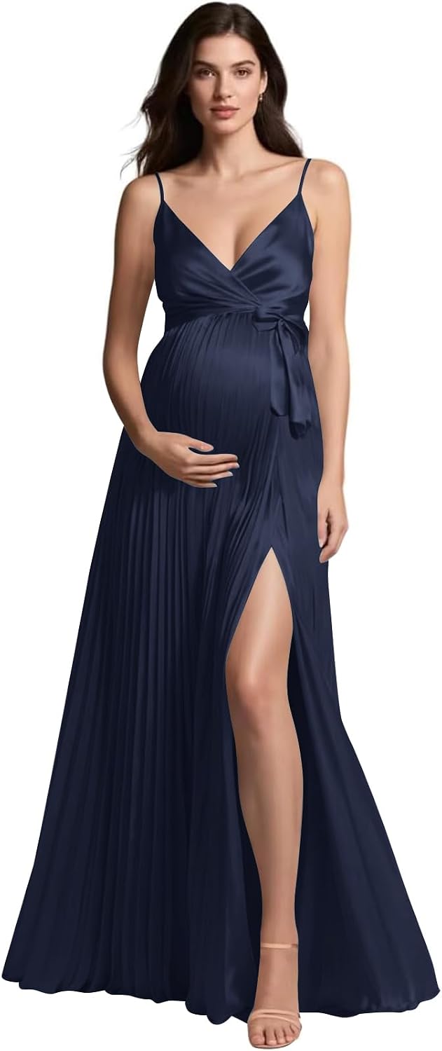 Maternity Dress for Photoshoot with Satin V Neck Slit Long Formal Dresses for Baby Shower