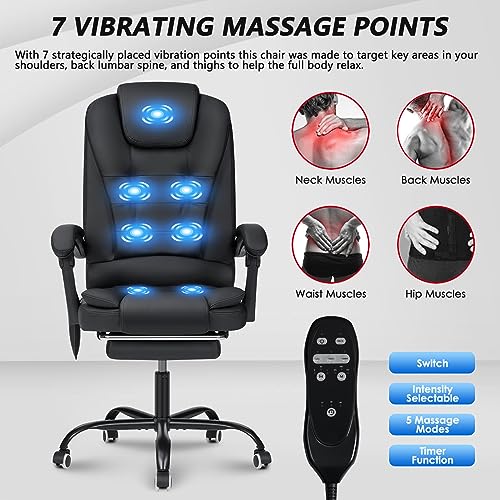 Hoffree Executive Massage Office Chair With Footrest Reclining Home Office Chair Soft Leather High Back Computer Desk Chair With Lumbar Support Padded Armrest Adjustable Black #TOP3