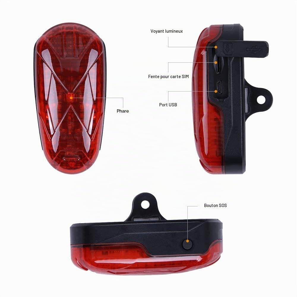 TKMARS Traceur GPS Vélo Feu Arrière de Vélo étanche Sécurité Lamp, Tracker GPS Vélo Suivi en Temps Réel avec Applications Gratuites TK906