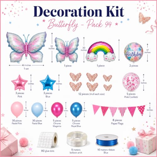 Image of AMFIN (Pack of 94) Butterfly Theme Birthday Decoration Kit Metallic Finish Women Girls Item Pink Blue Rainbow Flower