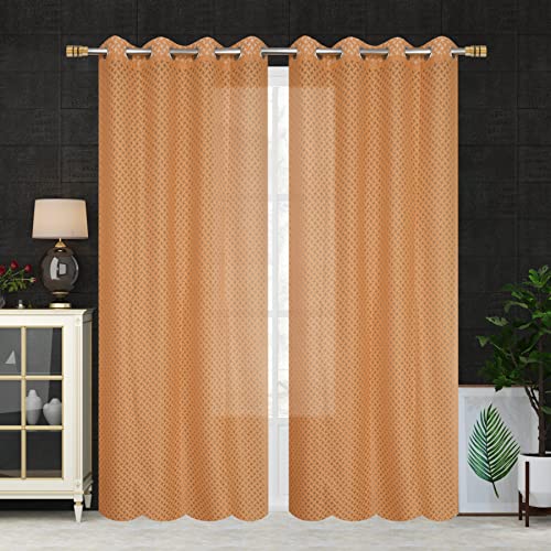 Image of Sheer Net Semi Transparent Home Decor Curtains for Living Room, Balcony Doors and Windows Panel, Parda, Eyelets Hanging, Chiku Brown Criss-Cross, 4 x 5 Feet, Pack of 2