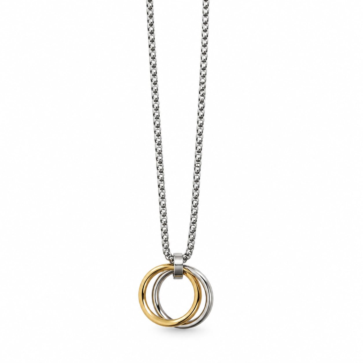 Double Ring Pendant Necklace, Silver and Gold Tone, Stainless Steel, Box Chain, Interlocking Rings Anti Tarnish Stainless Steel Rocky Locket Neck Chain for Men | Stylish Pendant Necklace | Jewellery Accessories for Boys | Minimal Jewelry | Gifts for Boyfriend & Husband | Gift for Diwali, Christmas, Marriage, Birthday..-image-15