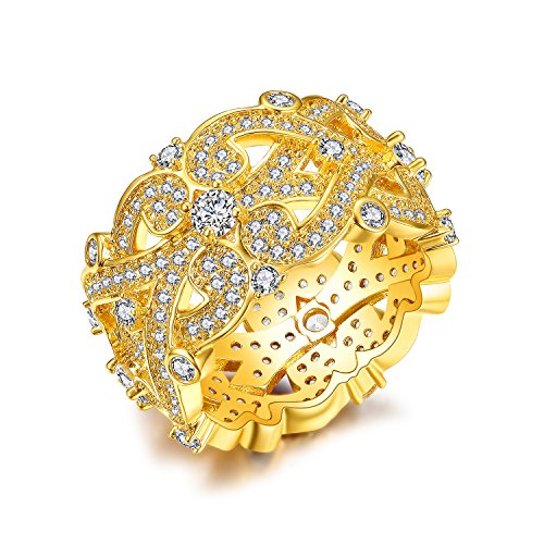 NEWBARK Wide Vintage Style Gorgeous Women Jewelry Statement Rings 18k Gold Plated Pave AAA Round Cut Cubic Zirconia Stone , Size 7