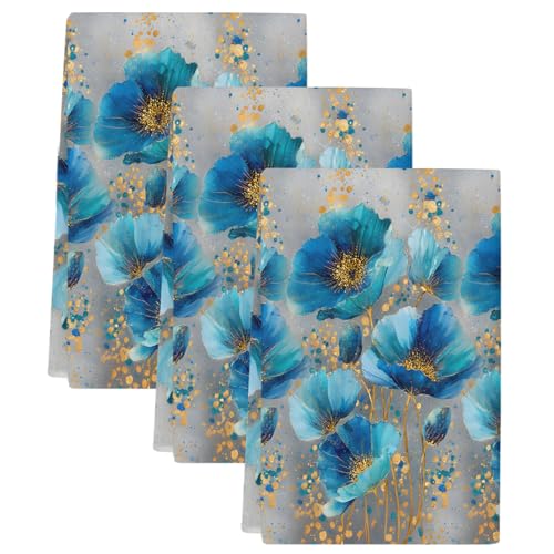 Kitchen Towels Set of 3, Teal Blue Poppy Soft Microfiber
