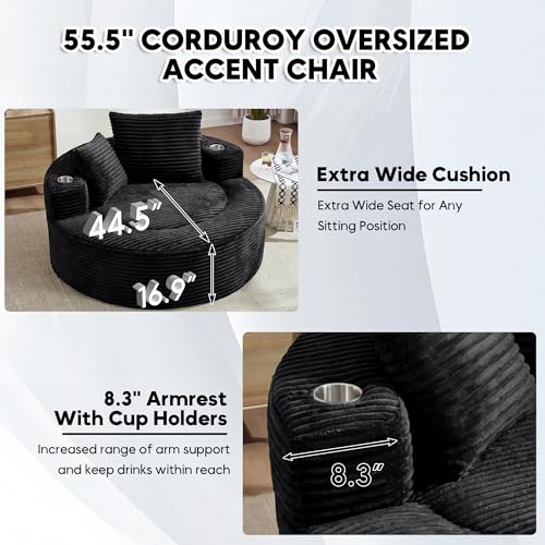 Image of Oversized Round Chair Lounge Chaise Indoor, 55.5 inch Upholstered Corduroy Deep Seat Single Cloud Sofa Chair with Cup Holder, Modern Large Circle Boneless Sleeper Sofa for Living Room, Black