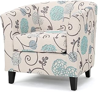 Palisades Barrel Fabric Club Chair White and Blue Floral Pattern