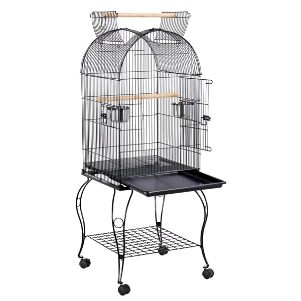 Gabbia Voliera per Uccelli Pappagalli in metallo con Carrello di 4 ruote girevoli e posatoi Nera 59 x 59 x 150 cm
