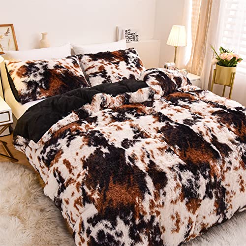 Aimuan Cow Print Duvet Cover Shaggy Fluffy Tie Dye Brown Black Velvet Bedding Set Super Soft Faux Fur Fuzzy Comforter Cover With Pillowcases (Coffee-Black, Queen) #TOP2
