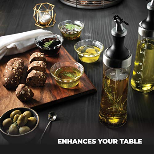 Superior Glass Oil and Vinegar Dispenser, (set of 2) Modern Olive Oil Dispenser, Wide Opening for Easy Refill and Cleaning, Clear Lead Free Glass Oil Bottle, Pouring Spouts, 18 Oz. Cruet Set