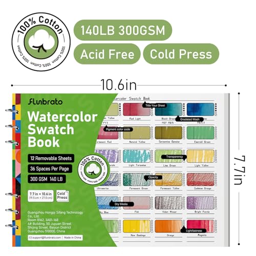 FLUNBRATO Watercolor Swatch Book 12 Sheets,100% Cotton Binder Bound 10.6 x 7.7 inch 140lb 300gsm Swatch Book for Watercolor Colored Pencils Oil Pastel Acrylic Markers & Mixed Media — view 2