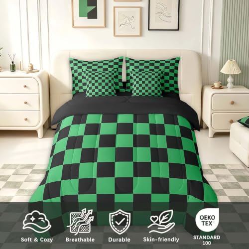 Image of Feelyou Checkered 7 Piece Bedding Set Teen Green Black Plaid Comforter Set with Sheets King Size Kids Boys Cute Retro Neutral Checkerboard Geometric Bed in a Bag Vintage Aesthetic Room Decor