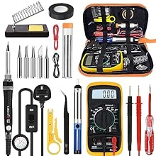 COMPLETE SOLDERING IRON KIT: Tabiger soldering kit comes with a 60W temperature controlled soldering iron with ON/OFF switch, digital multimeter, 2 multimeter pens, 5 soldering tips, stand, cleaning sponge, desoldering pump, solder wire, tweezers, sc...