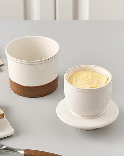 Miniatura 4 de XELA Ceramic Butter Crock, el esmalte reactivo original de dos colores, plato de mantequilla con línea de agua para untar mantequilla fresca - Latte