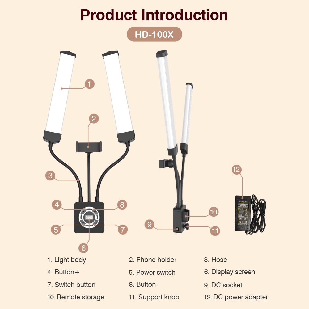Andoer Set di luci LED 50 W, 3200 K-5600 K, doppio braccio riempimento LED, illuminazione studio, clip telefono, treppiede, telecomando