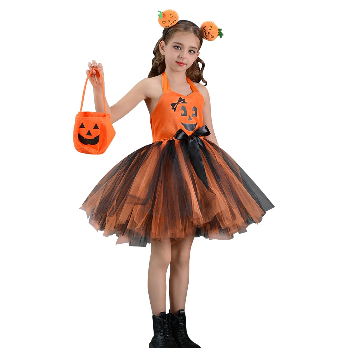 IWEMEK Girls Halloween Pumpkin Tutu Dress Kids Fancy Costume Set, Orange Tutu Dress with Bow