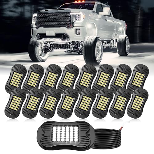 Image of SHINIGHT 16 Pods White Rock Lights 6000K Pure White Super Bright Underglow Light,10FT /3M Extension Wires Each Light,36 LED SMD Chips,Waterproof IP68,Rock Lights for Trucks UTV ATV SUV Boats