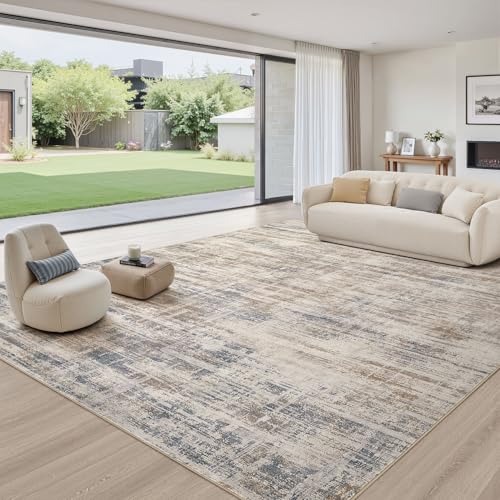 UERMEI 12x15 Area Rug for Living Room: Extra Large Neutral Abstract Carpet Modern Soft Low Pile Non-Slip Stain Resistant Washable for Open Floor Plan Bedroom Dining Office Indoor Decor Brown