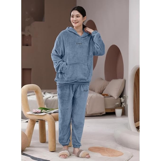 Image of SHAPERX Pajamas Set for Women With Hoodies Soft Comfy Fleece Pjs Pullover Pants Loose Plush Sleepwear Fuzzy Hoodies Loungewear for Winter Pack of 1