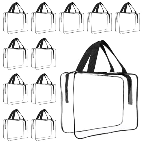 GEMLORD 12 Pieces Large Clear Cosmetic Organizer Makeup Bag, Clear PVC Travel Toiletry Bags with Zipper and Handle, Plastic Tote Bags for Beach, Traveling, Shopping, Storage