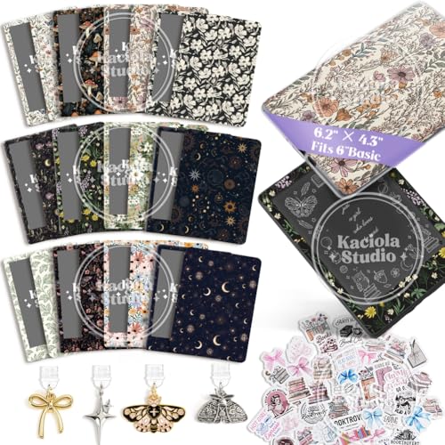 KACIOLA STUDIO 12 peças de pele floral vintage para e-reader e 4 peças de pingentes tipo C para e-reader com adesivos de scrapbook, 15,7 cm x 11,9 cm, inserções de decalque frontal e traseiro para