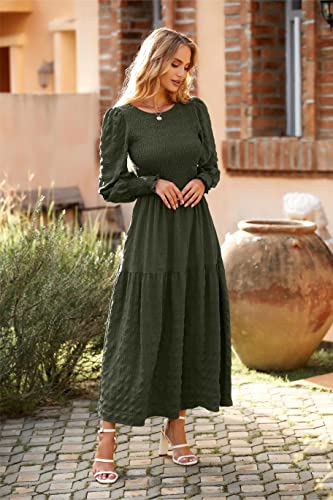 Image of PRETTYGARDEN Women 2026 Spring Puff Long Sleeve Crewneck Smocked Maxi Dress Empire Waist Tiered A-line Swing Flowy Long Dress