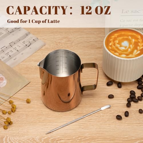 Image of Amrules Milk Frothing Pitcher 12oz Frother Cup Barista Tools, Rose Gold