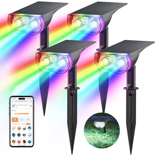 Linkind SL5 Smart Solar Gartenstrahler 4er Set Musik Sync Rotlichtalarm Bluetooth APP Gruppensteuerung RGBW 16 Mio. Farben IP65 Außenleuchte mit Bewegungsmelder für Garten Terrasse Weg Sicherheit