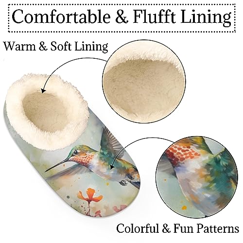 Watercolor Hummingbird Slippers for Women Men, Spring Flower House Slippers Socks Warm Fuzzy Memory Foam Indoor Slippers Lightweight Cozy Anti-Skid Closed Back Home Shoes, Medium2