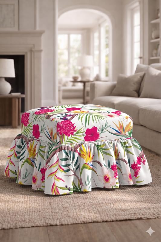 Skirted Pouffe Cover 39x18x18 Inch Neutral Floral, Tailored Pleated Slipcover with Frill, Rectangular Footstool Pouf Cover for Living Room Decor, Machine Washable, THROWPILLOW-image-10