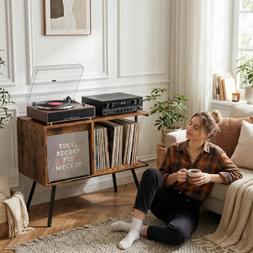 Image of Faesun Flip Top Record Player Stand, Large Turntable Stand Holds up to 150+ Albums, Vintage Mid Century Record Player Table, Stereo Cabinet with Open Storage, for Living Room, Bedroom, Rustic Brown
