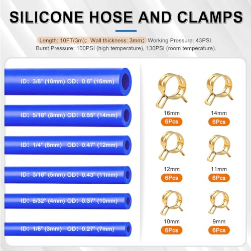 Image of Tnisesm 170Pcs Vacuum Line Kit, 10Ft Blue Vacuum Hose Automotive with Vacuum Line Connectors& Clamps, High Performance Silicone Hose line Kit for Variety Car Piping System Replacement Vacuum Hoses