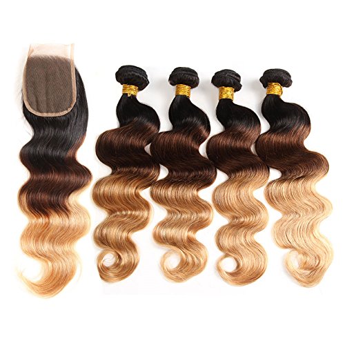 Ombre Brazilian Hair Body Wave 3 Tone Ombre Bundles Human Hair, 4 Ombre Hair Bundles With Closure Ombre Body Wave Ombre Bundles (T1B/4/27,22 24 26 28+22)