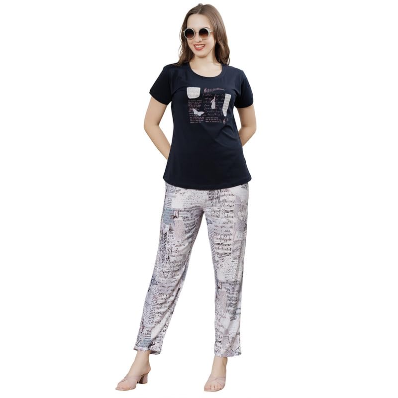 Riza Cotton Lycra Fabric T-Shirt and Imported Rayon Fabric Pyjama Relaxed Fit Printed Night Suit Set/NS-2216