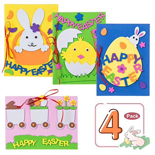 Easter Theme Greeting Cards Making Kit Cute Cartoon Invitation Card DIY Blessing Cards Handmade Material Package for Kids, 4pcs