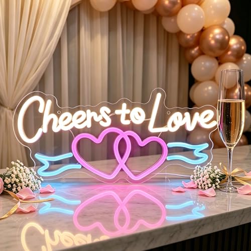 Image of Cheers to Love Valentine Neon Sign, USB Powered Neon Signs with Dimmer and Sticky Hook, Hanging LED Light Sign Decorations, Home Decor for Bedroom Wedding Party Wall 16.54 * 7.87 inch
