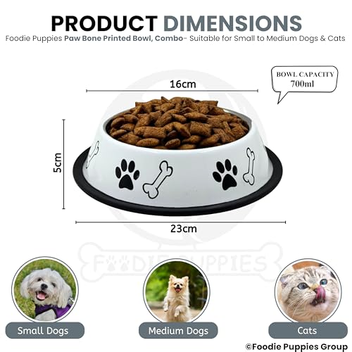 Image of Foodie Puppies Stainless Steel Dog Bowl Combo - (Medium, 700ml) Food and Water Feeding Gift Bowl | Suitable for Dogs, Cats and Other Pets I Paw Bone Print, Anti-Skid Rubber Base (White + Red)