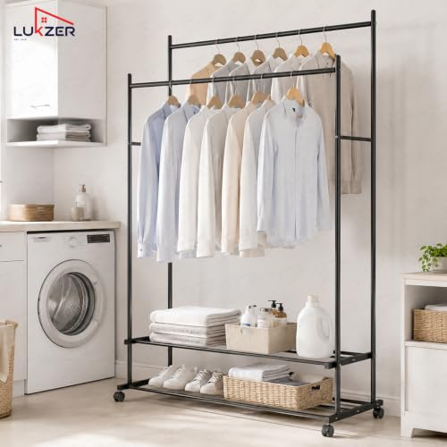 Image of Lukzer Double Rod Metal Garment Stand with Wheels & 2-Tier Storage Organiser Shelves, Portable Clothes Rack and Coat Hanger With Shoe Rack for Bedroom, Entryway & Boutique (Black /109 x 48 x 158 cm)