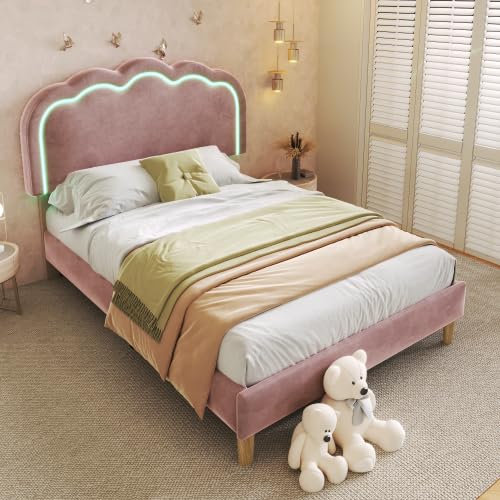 Merax 3ft Single Upholstered Velvet Bed with LED Puff Shaped Adjustable Headboard, Bed Frame with Wooden Slats, Teen Bed for Bedroom & Guest Room, Pink, No Mattress Included โ image 1