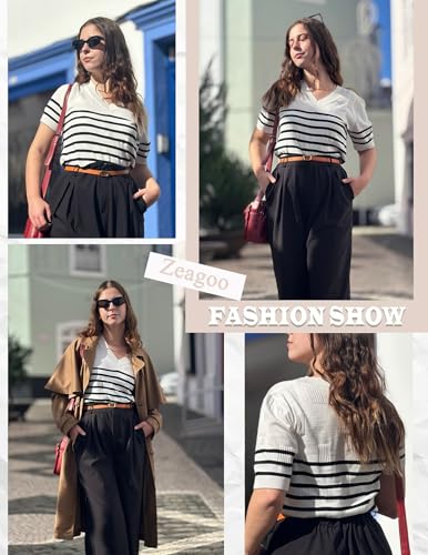 Image of Zeagoo Womens Short Sleeve Sweaters Soft Casual V Neck Pullover Tops Lightweight Knit Sweater Blouse