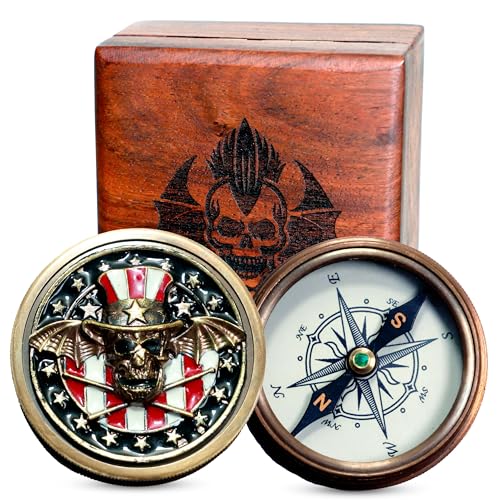 Brújula con Caja de Madera Grabada con Calavera y Murciélagos miniatura 1